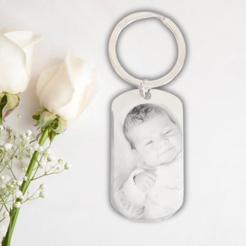 Personalised Photo Engraved Stainless Steel Keyring – Baby Photo, Date of Birth & Custom Message, Mothers Day Gift, New Baby Keychain