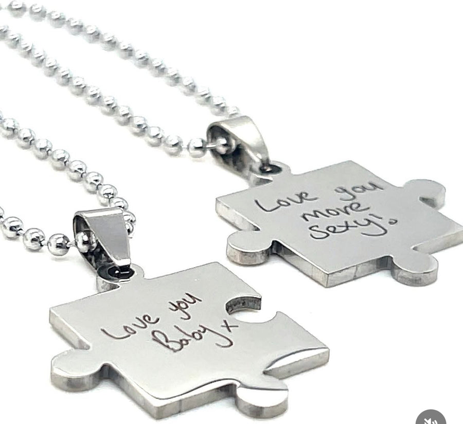 Puzzle Connection Necklaces with Handwritten Engraved Inscription – Customizable Message Perfect Thoughtful Valentine's Day or Anniversary