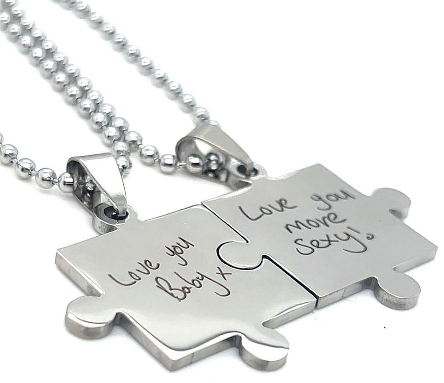 Puzzle Connection Necklaces with Handwritten Engraved Inscription – Customizable Message Perfect Thoughtful Valentine's Day or Anniversary