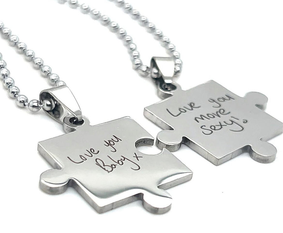 Puzzle Connection Necklaces with Handwritten Engraved Inscription – Customizable Message Perfect Thoughtful Valentine's Day or Anniversary