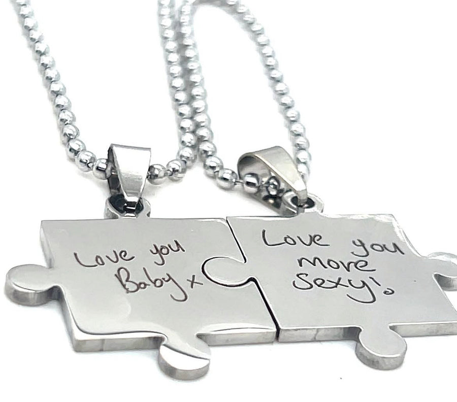 Puzzle Connection Necklaces with Handwritten Engraved Inscription – Customizable Message Perfect Thoughtful Valentine's Day or Anniversary