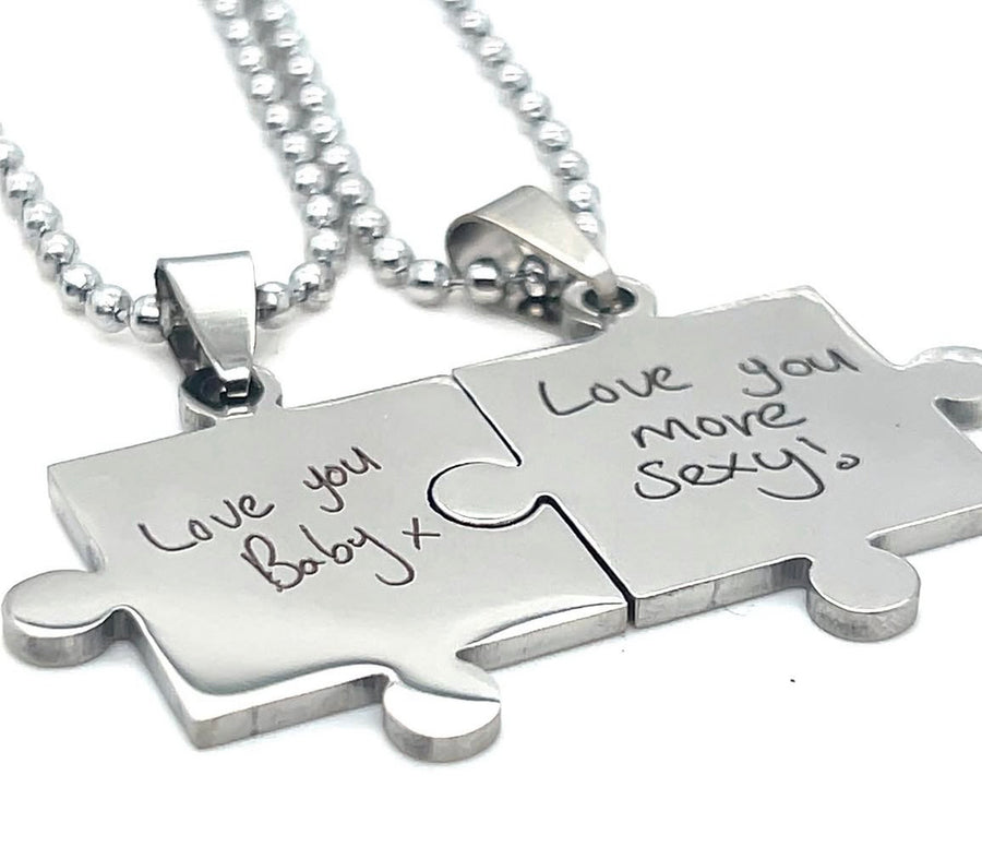 Puzzle Connection Necklaces with Handwritten Engraved Inscription – Customizable Message Perfect Thoughtful Valentine's Day or Anniversary