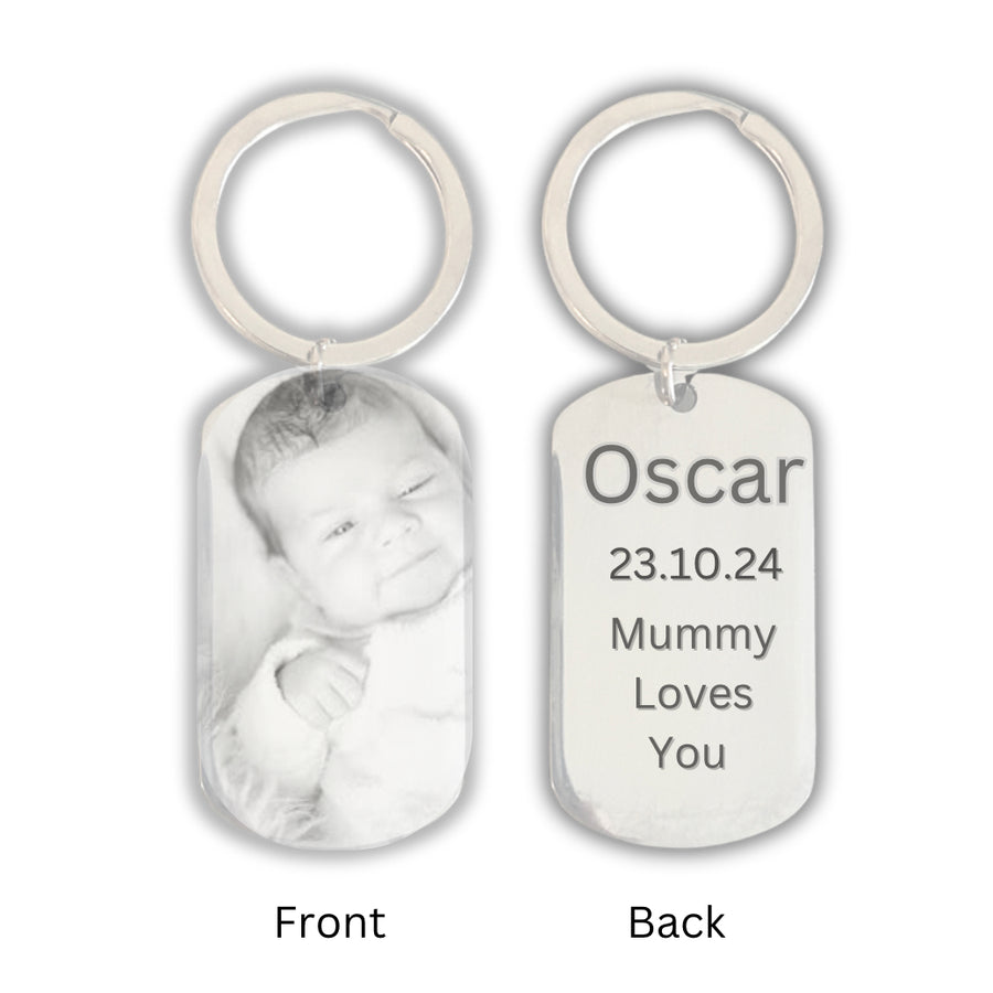 Personalised Photo Engraved Stainless Steel Keyring – Baby Photo, Date of Birth & Custom Message, Mothers Day Gift, New Baby Keychain