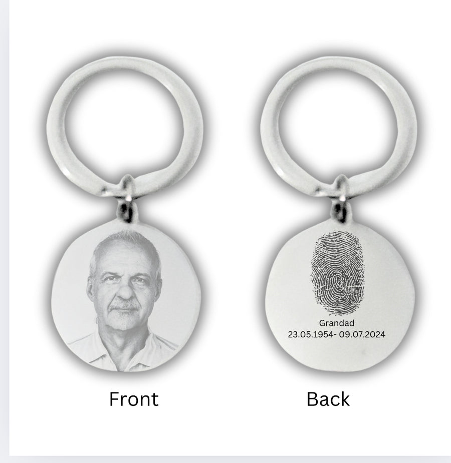 Personalised Circle RIP Memorial Photo Engraved Stainless Steel Keyring with Fingerprint