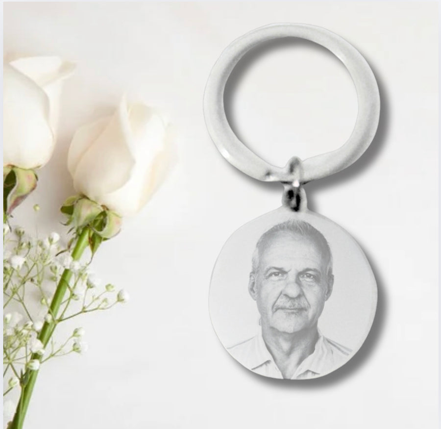 Personalised Circle RIP Memorial Photo Engraved Stainless Steel Keyring with Fingerprint