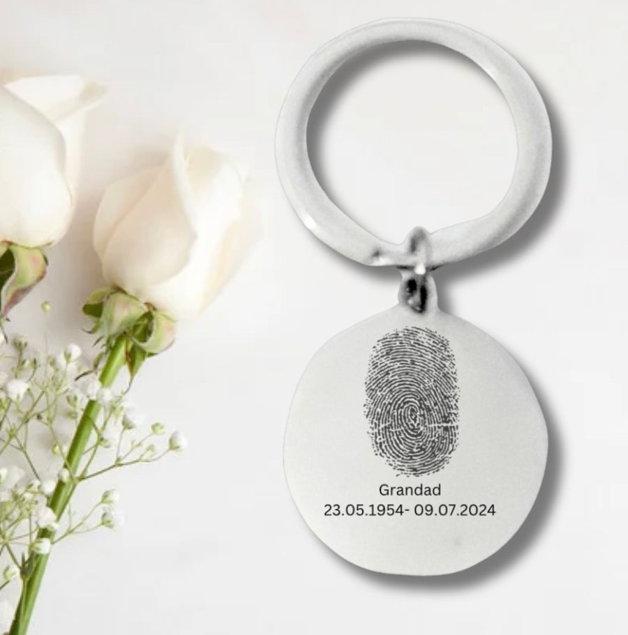 Personalised Circle RIP Memorial Photo Engraved Stainless Steel Keyring with Fingerprint