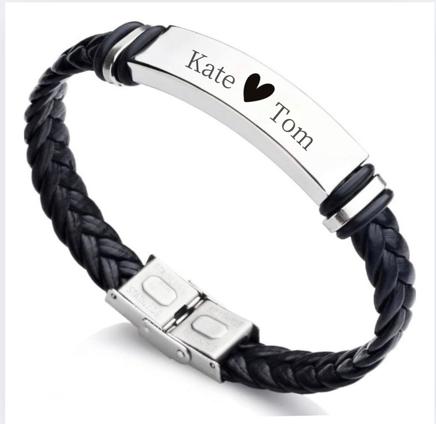 Couples Engraved Faux Leather Bracelet