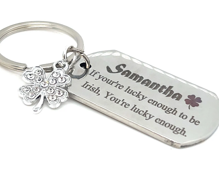 Personalised Irish 4-Leaf Clover Keyring – Engraved Stainless Steel Lucky Charm Gift