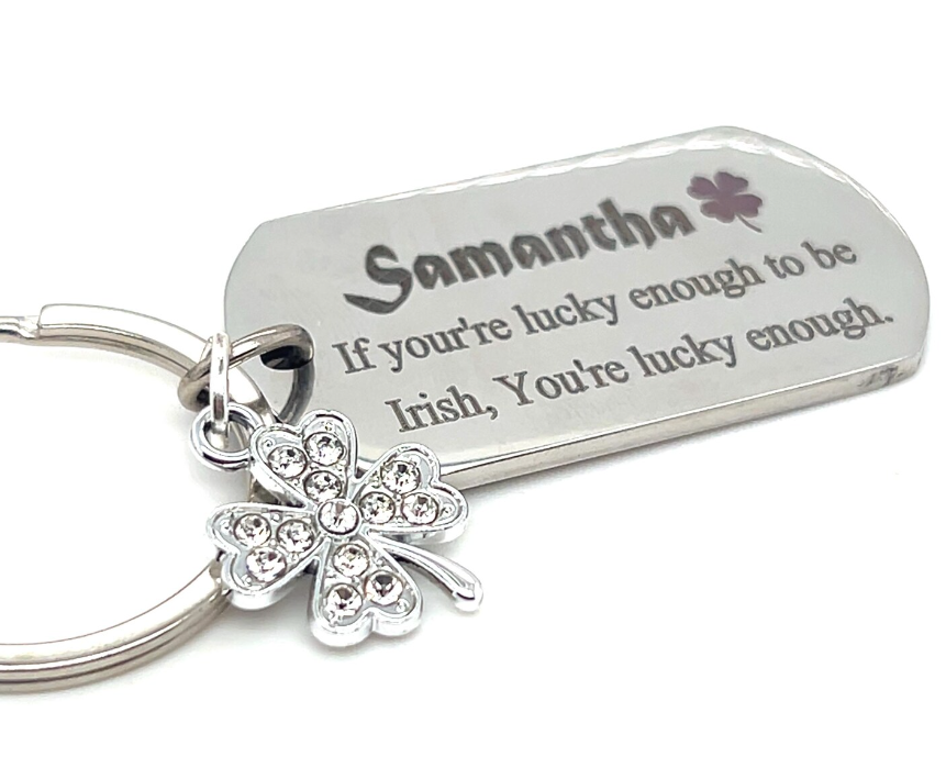 Personalised Irish 4-Leaf Clover Keyring – Engraved Stainless Steel Lucky Charm Gift