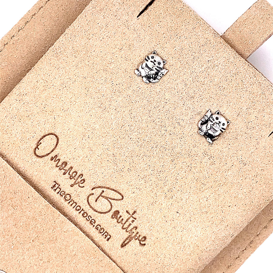 Real 925 Sterling Silver Oxidized Cat Push-Back Stud Earrings