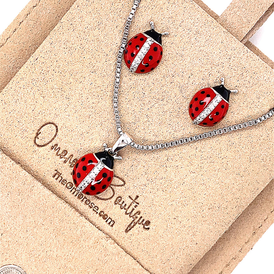 Ladybug pendant necklace and earrings set