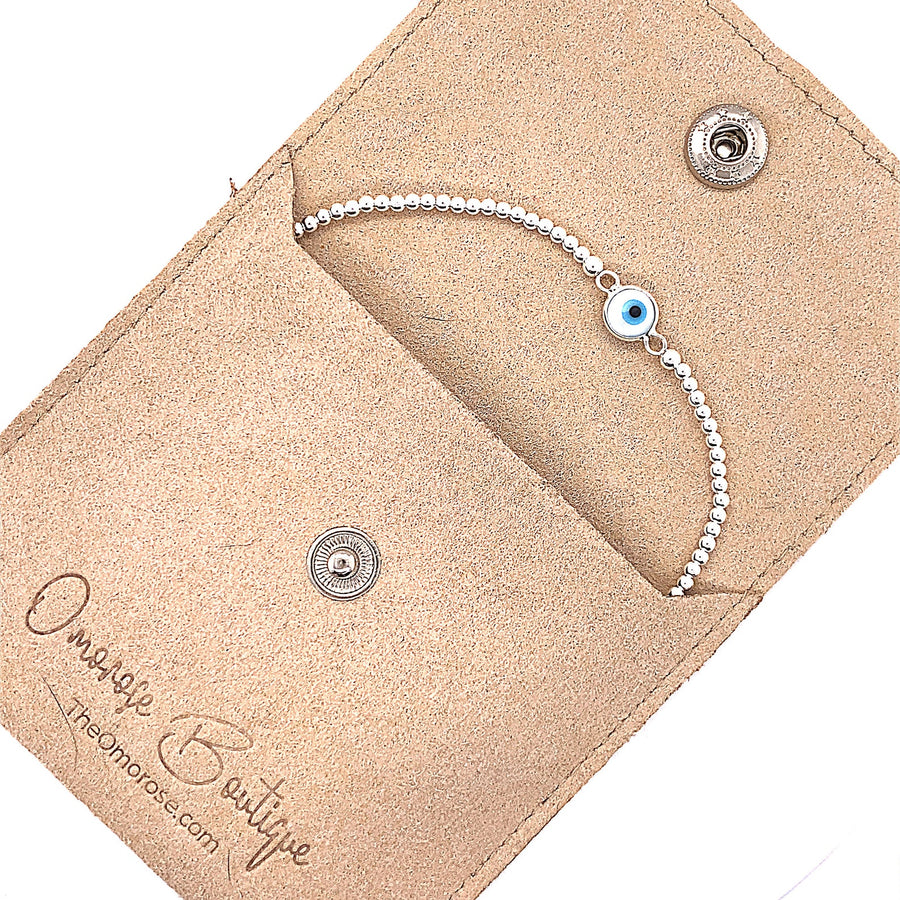 925 Sterling Silver Ball Evil Eye protection Stretch beaded Bracelet Decorated With Colored Enamel & Shell