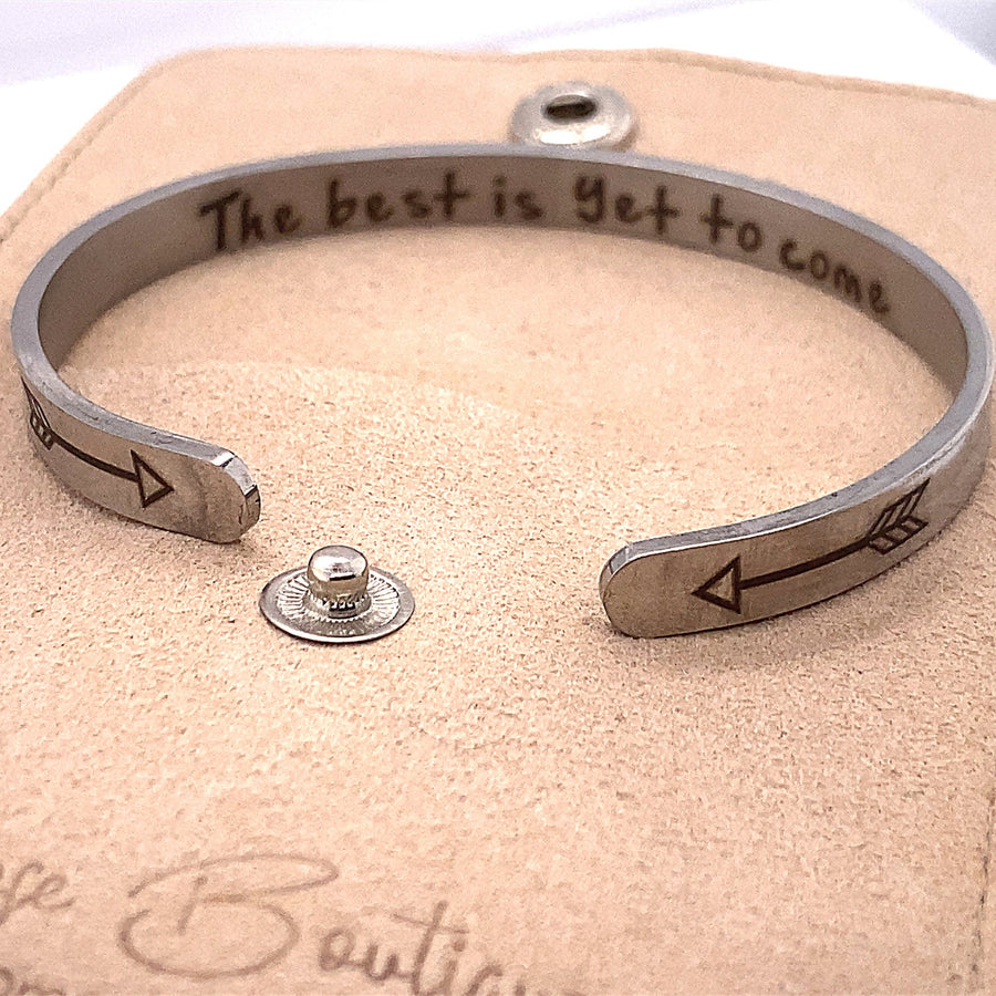 The best is yet to come, cute positive motivational bangle bracelet, adjustable silver plated, gift for her, quote bracelet engraved cute