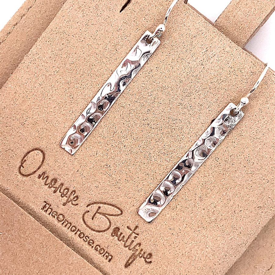 925 Sterling Silver Rectangle Hammered Bar Hook Earrings