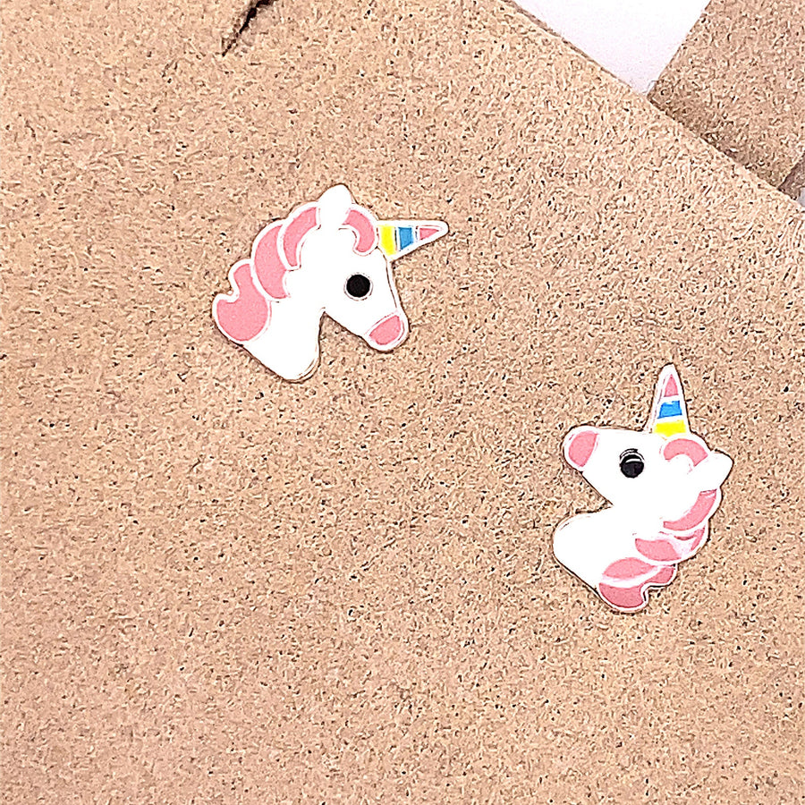 Children's Unicorn Push-Back Stud Earrings Decorated with Colored Enamel