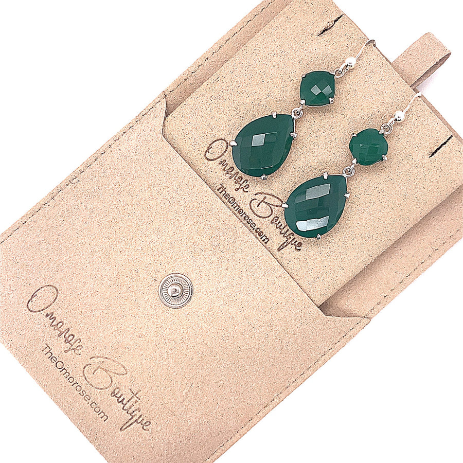 Elizabeta Droplet Hook Earrings, Decorated with Green Onyx Earrings' Hooks Type: Flat French With Beads