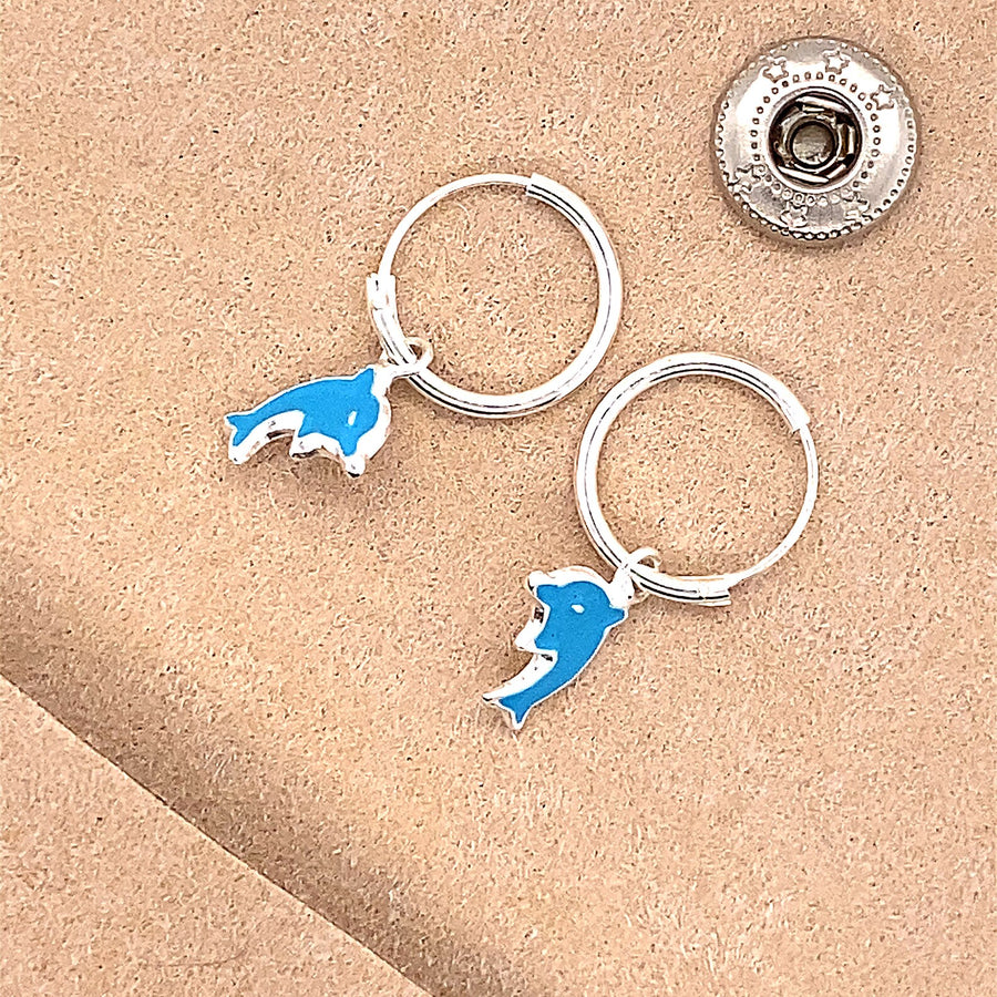 Dolphin Hoop Earrings, Decorated with Colored Enamel