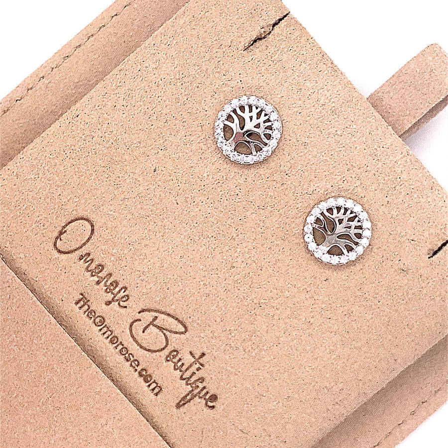 Tree Of Life Push-Back Stud Earrings, Decorated with CZ Simulated Diamonds