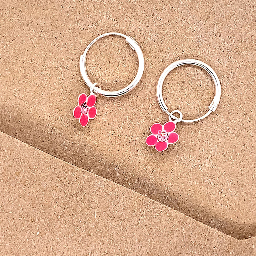 925 Sterling Silver Flower Hoop Earrings Decorated With Deep Pink Colored Enamel