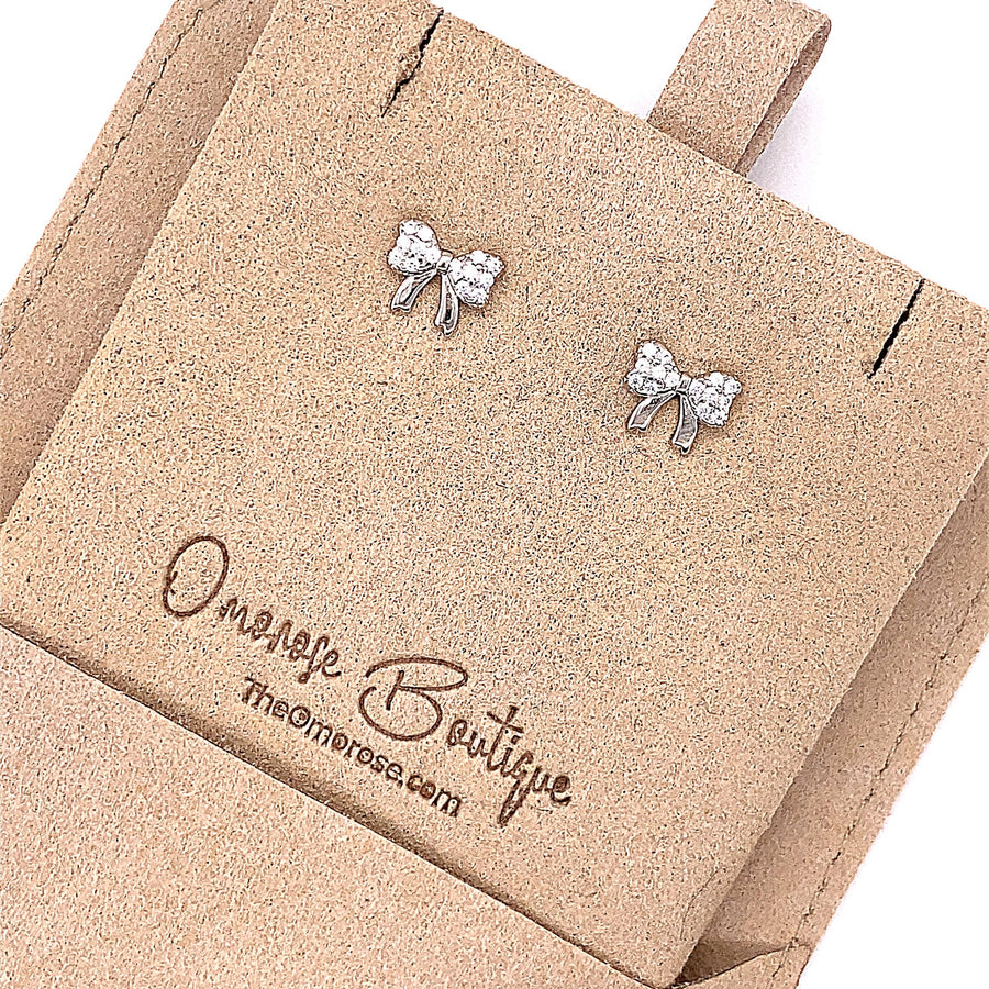 925 Sterling Silver Bow Push-Back Earrings, Decorated with Diamonds