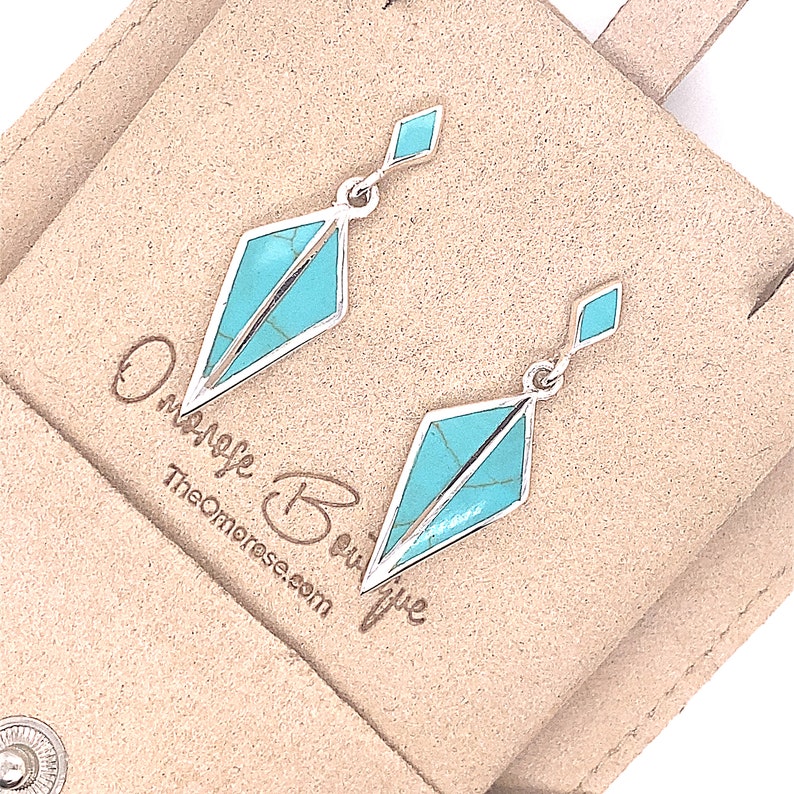 Rhombus Push-Back Earrings, Decorated with Reconstructed Sky Blue Turquoise