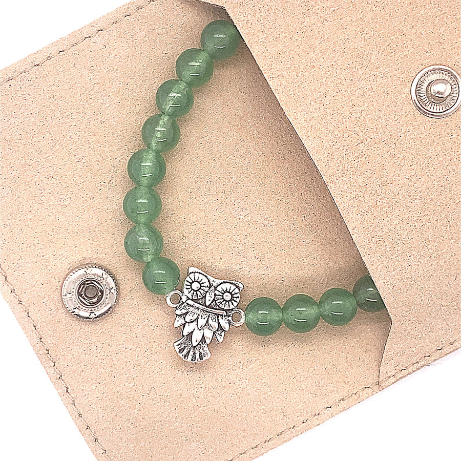 Silver Elastic Oxidized Owl Beaded Bracelet, Beaded with Green Jade gemstones