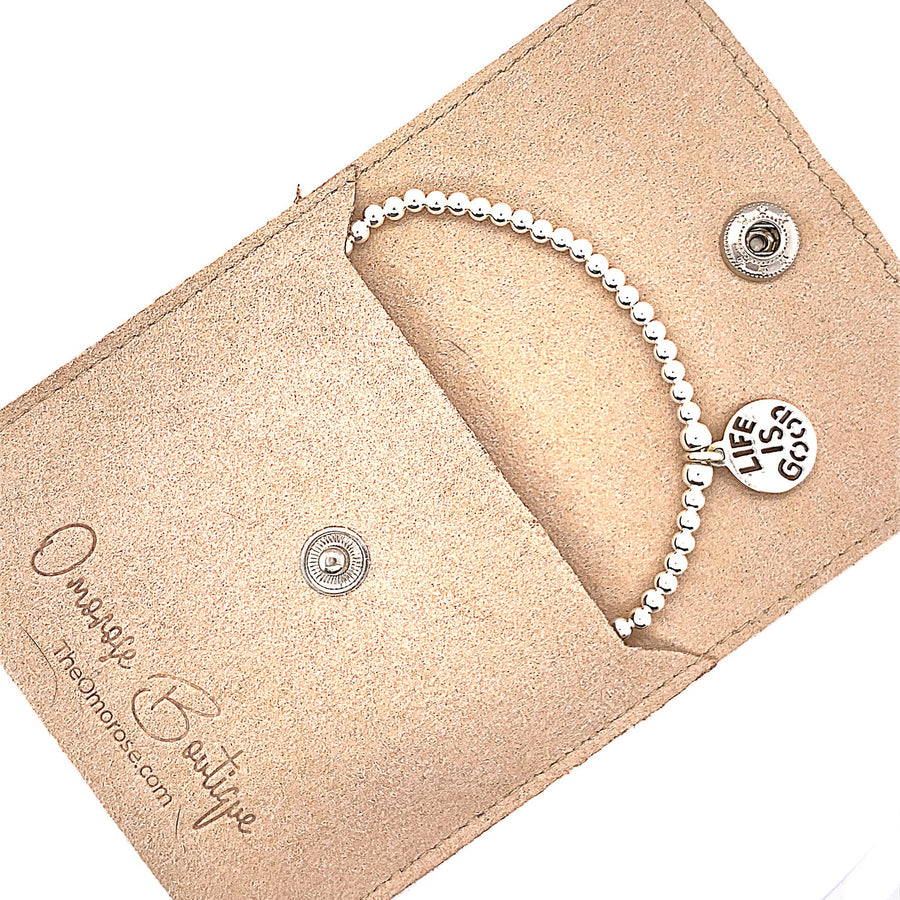 925 Sterling Silver Stretch Beaded Bracelet with "LIFE IS GOOD" Charm