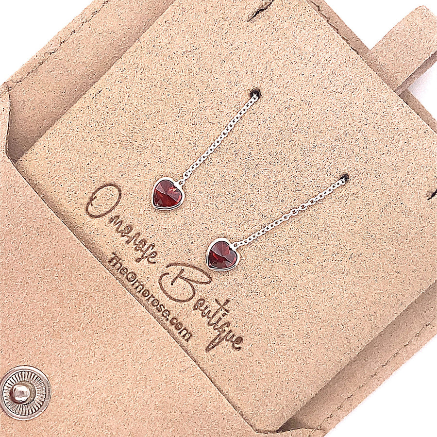 925 Sterling Silver Red Heart Threader Chain Earrings Decorated with Cubic Zirconia  Diamonds