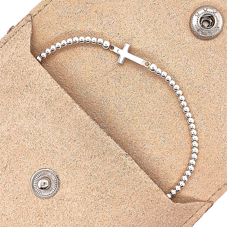 925 Sterling Silver Ball & Cross Stretch Beaded Bracelet