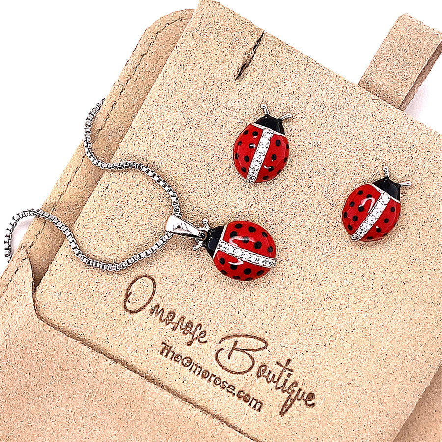 Ladybug pendant necklace and earrings set