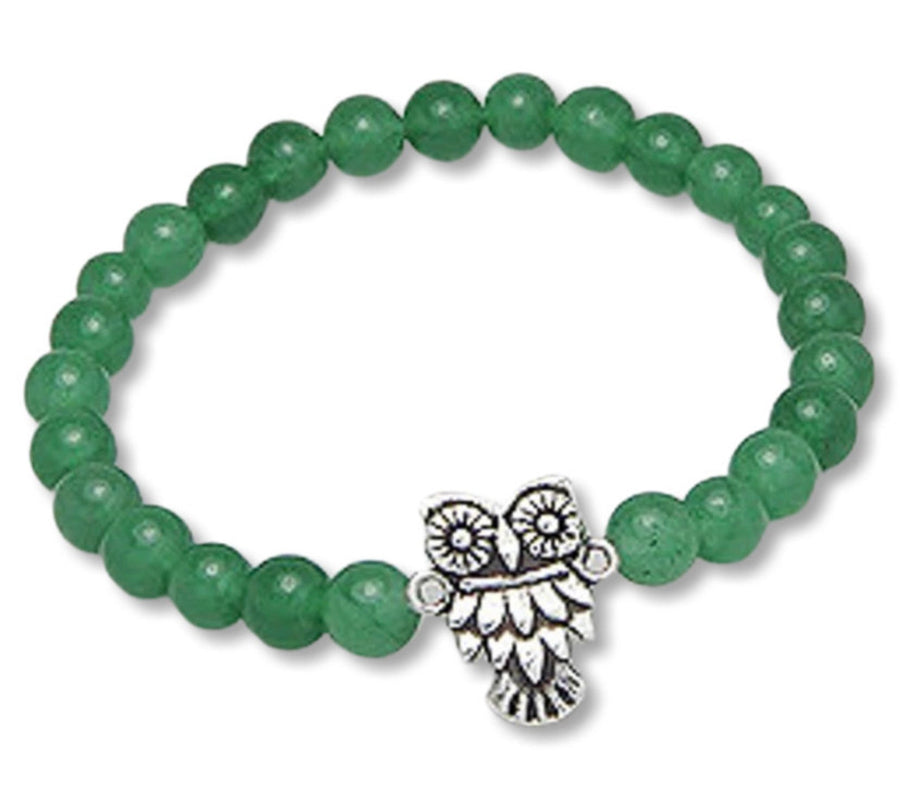 Silver Elastic Oxidized Owl Beaded Bracelet, Beaded with Green Jade gemstones