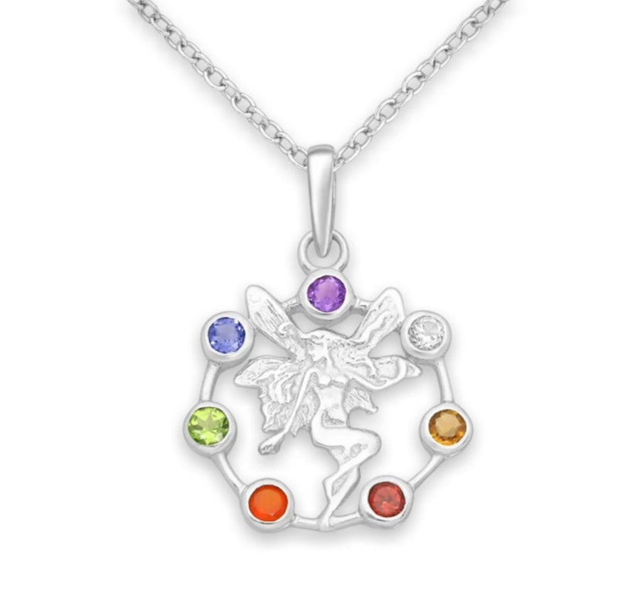 Chakra Fairy Pendant, Decorated with Amethyst, Citrine, Garnet, Peridot, Lolite and White Quartz