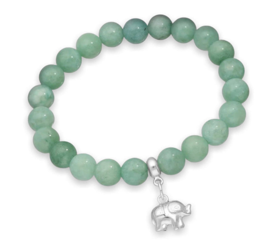 Elephant Elastic Bracelet, Beaded with Green Jade