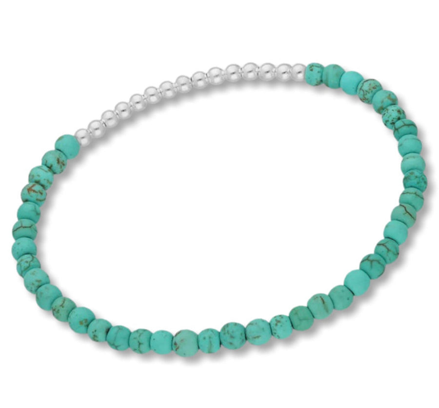 Elastic Beaded Bracelet, Decorated with Reconstructed Light Green Turquoise Gemstones and Silver oval balls