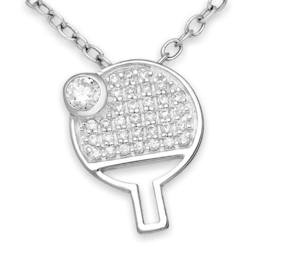 Table Tennis Racket Pendant, Decorated with CZ Simulated Diamonds