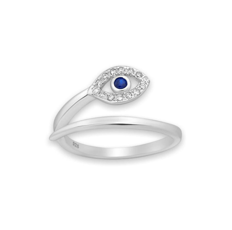 Adjustable 925 Sterling Silver Evil Eye Ring Decorated with Cubic Zirconia Crystals.