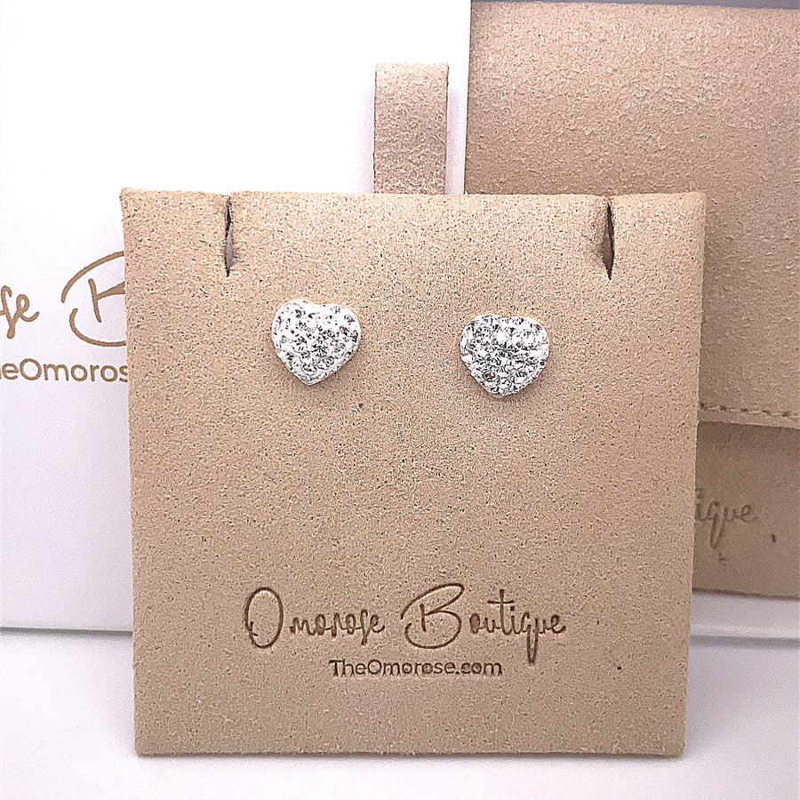 Sterling silver heart earrings studded with crystal glass.