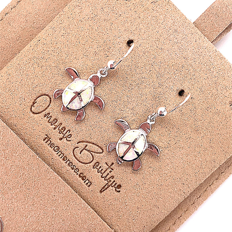 Sea Turtle Dangle Hook Earrings Decorated with Lab-Created Opal