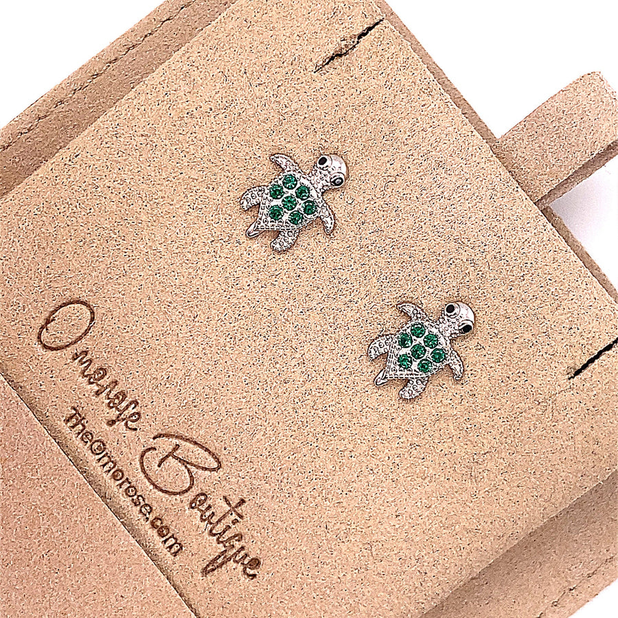 925 Sterling Silver Turtle Push-Back Earrings, Decorated with CZ  Diamonds