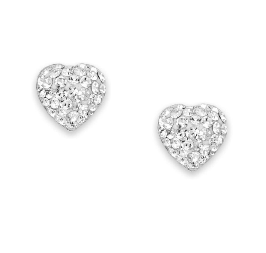 Sterling silver heart earrings studded with crystal glass.