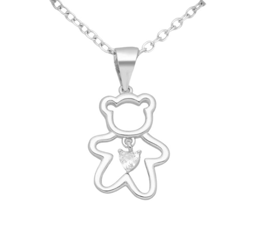 925 Sterling Silver Teddy Bear and Heart Pendant, Decorated with CZ Diamonds