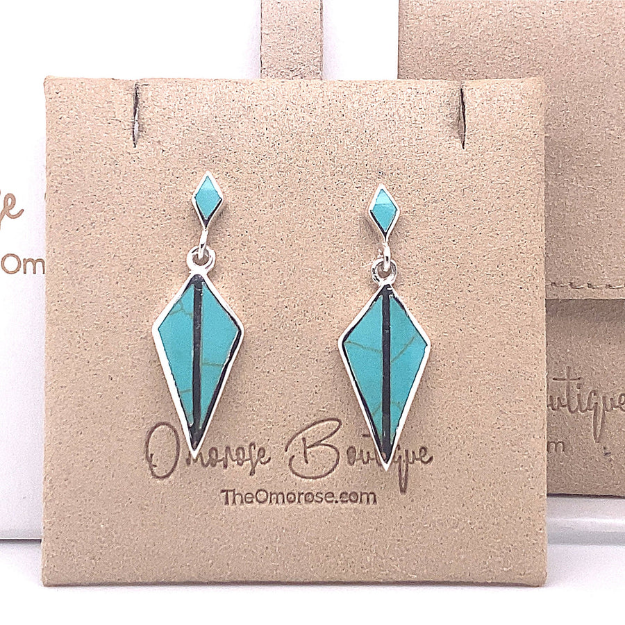 Rhombus Push-Back Earrings, Decorated with Reconstructed Sky Blue Turquoise