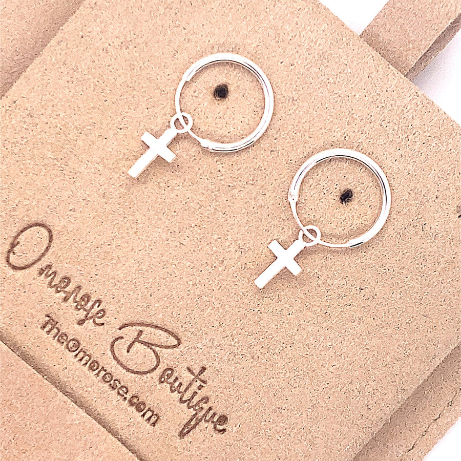 Unisex 925 Sterling Silver Hoop Cross Charm Earrings