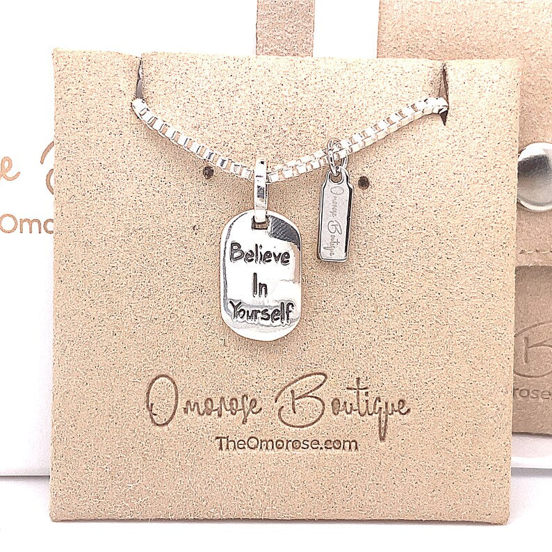 Cute 'Believe in yourself' 925 sterling silver dog tag necklace