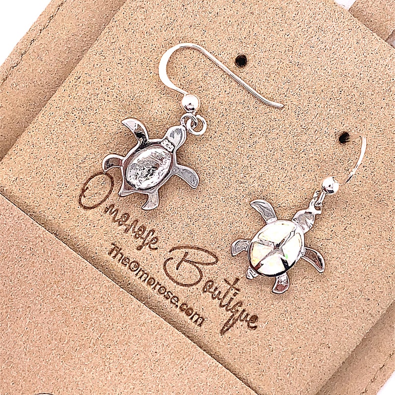 Sea Turtle Dangle Hook Earrings Decorated with Lab-Created Opal