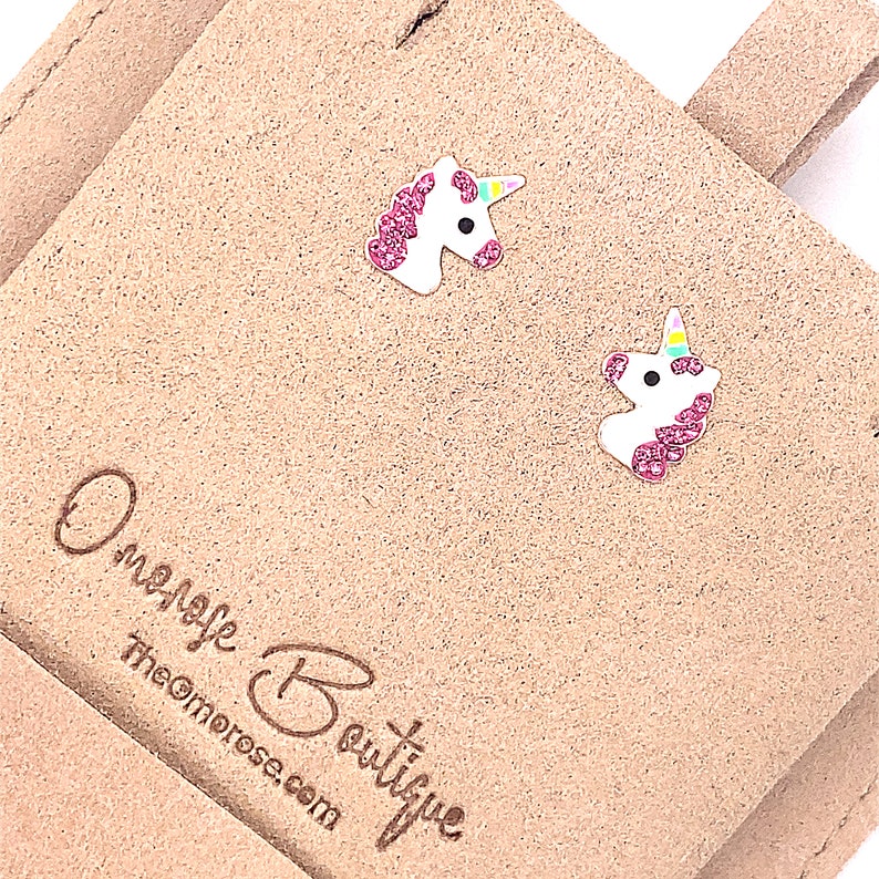 Magical Sparkle Unicorn Push-Back Stud Earrings, Decorated with Colored Enamel