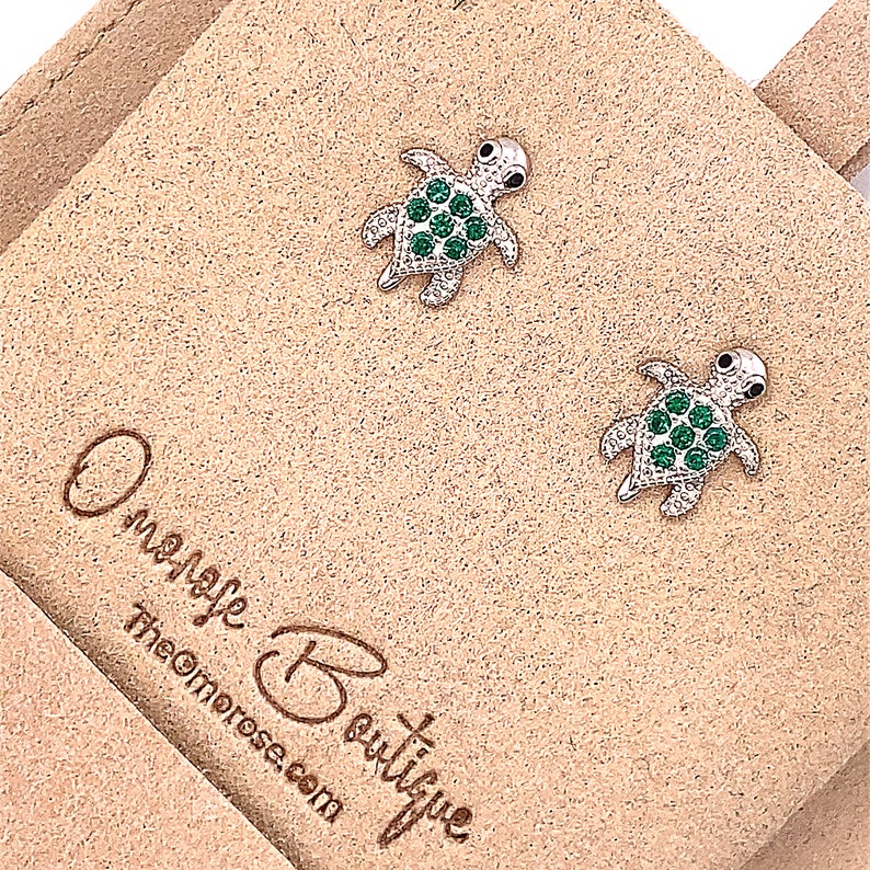 925 Sterling Silver Turtle Push-Back Earrings, Decorated with CZ  Diamonds