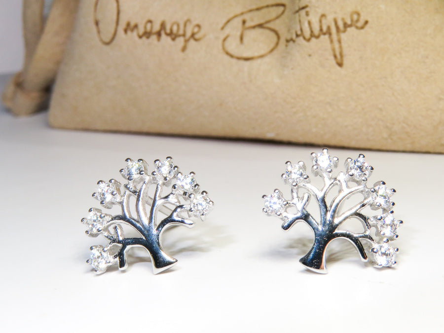 Silver Tree Stud Earrings, Tree of life earring, Sterling silver S925, Nature Earring, Branch Earrings, Leaf Earring, Cubic Zirconia