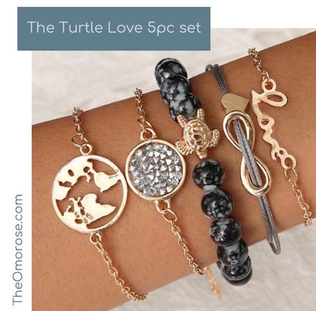 The Turtle Love Bracelet Set, beautiful turtle accessory, gold globe, gold planet, turtle adorable and cute charm mothers day