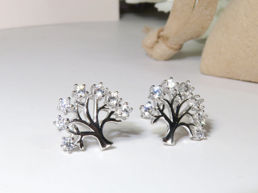 Silver Tree Stud Earrings, Tree of life earring, Sterling silver S925, Nature Earring, Branch Earrings, Leaf Earring, Cubic Zirconia